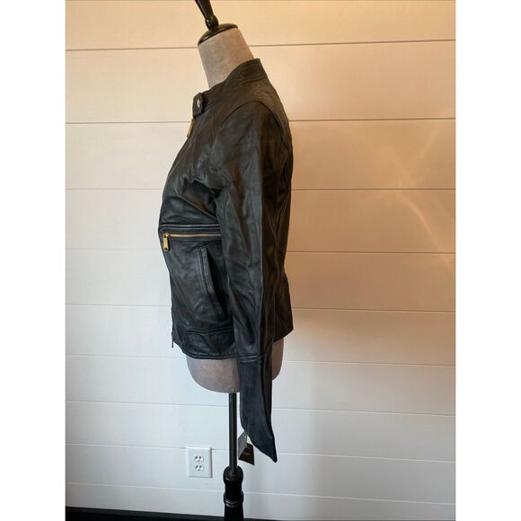 Sam Edelman Real Leather Moto Jacket Black Gold Zip Size Small - Picture 4 of 9